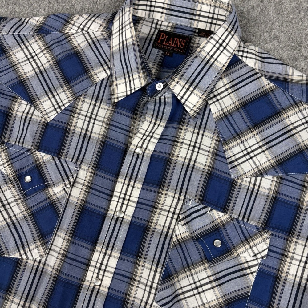 Plains Western Wear Pearl Snap‎ Mens Xl Blue Plaid Short Sleeve Western Cowboy